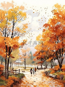 散步枫叶插画图片_秋天在公园里散步的人民10