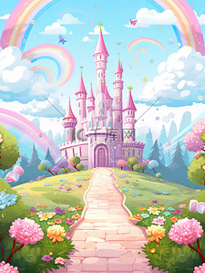 粉色少女插画图片_可爱粉色少女城堡3