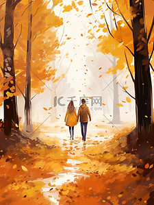 穿过森林插画图片_一对情侣在秋天穿过森林3