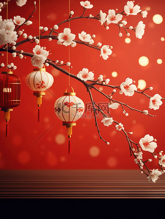 模板灯笼梅花背景素材-红色背景主图模板灯笼梅花背景图片大全-千库网