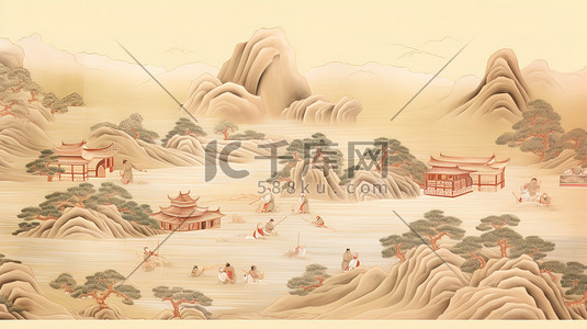 悬挂卷轴插画图片_中国古代风景长卷轴绘画2