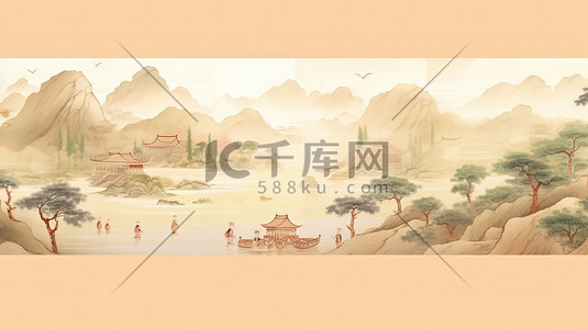 围绕的卷轴插画图片_中国古代风景长卷轴绘画11