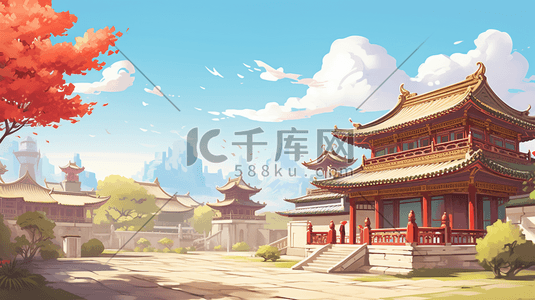 中国古建筑风插画图片_中国风古建筑场景插画4