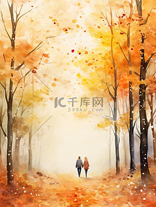 一对情侣在秋天穿过森林2