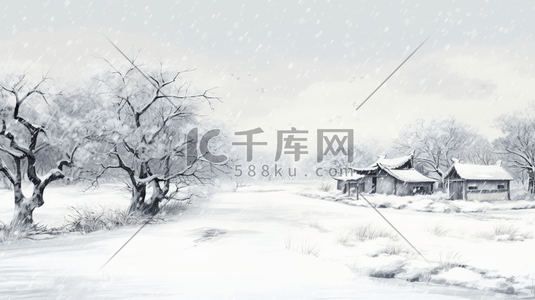 冬季白雪插画图片_冬季白雪山水水墨插画5