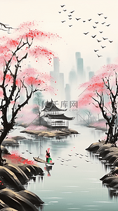 水岸插画图片_国风山水江南水岸边的红梅花树