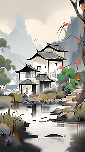 水墨电视墙插画图片_国风水墨江南小镇江南水乡古村风景