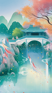 中式廊桥插画图片_国潮国风点彩中式廊桥