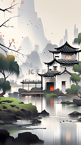 水墨电视墙插画图片_国风水墨江南小镇江南水乡古村风景