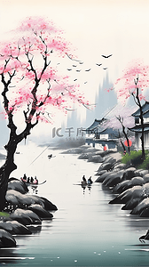 水岸插画图片_国风山水江南水岸边的红梅花树