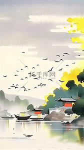 中式水墨意境山水插画图片_国风黄橙色秋天江南水乡风景17