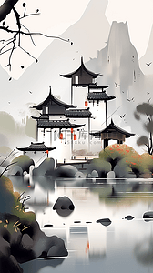 水墨电视墙插画图片_国风水墨江南小镇江南水乡古村风景