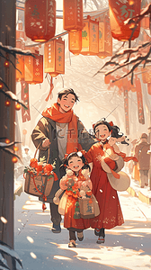新年春节一家人拜年的手绘场景插画