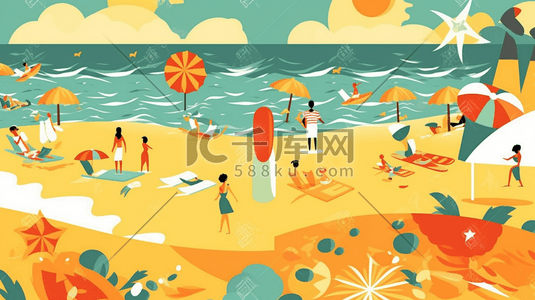 太阳光线插画图片_夏日海滩沙滩伴随着金色的波浪。