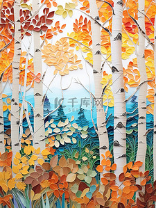 秋季树木插画图片_秋天树木白桦树剪纸艺术5