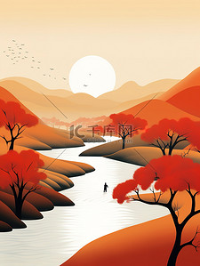 象征荣誉插画图片_秋天象征山水树木河流远山12