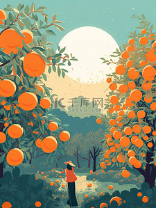 橘子树插画图片_乡村秋季丰收橘子树4