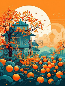 橘子树插画图片_乡村秋季丰收橘子树15