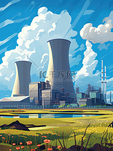 工业文字框插画图片_工业站核电站插画5