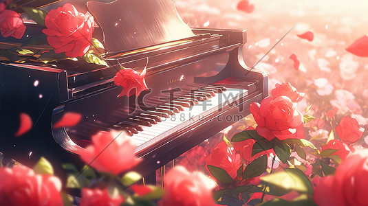 钢琴培训班插画图片_玫瑰花海中的钢琴9