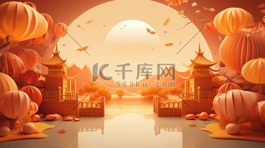 圆艺术插画图片_中秋圆月中国风赏月3D立体插画17