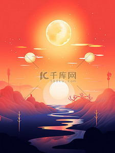 红色元素插画图片_中秋主题明月东方元素渐变色16