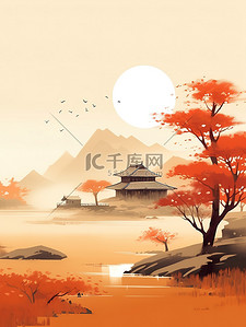 力量的象征插画图片_秋天象征山水树木河流远山11