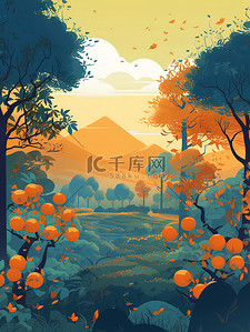 橘子树插画图片_乡村秋季丰收橘子树5