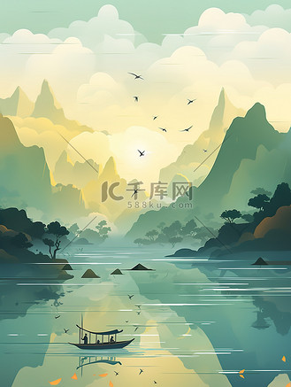 天青色湖泊云雾缭绕中国风插画10