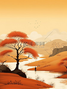 力量的象征插画图片_秋天象征山水树木河流远山17