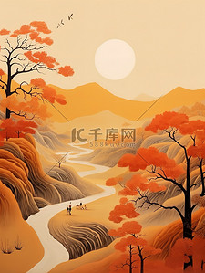力量的象征插画图片_秋天象征山水树木河流远山7