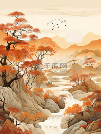 秋天象征山水树木河流远山20