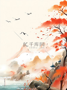 红叶插画图片_美丽的秋天景色红叶古建筑水彩画9