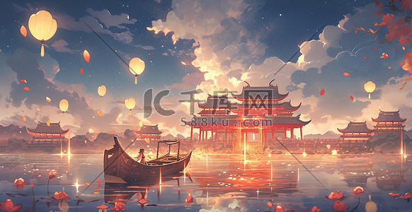 大红绸子插画图片_中国风国潮水彩画春节新年氛围感水景夜景
