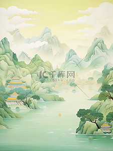 金色的中国建筑平静的水山景诗意10