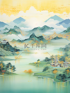 金色的中国建筑平静的水山景诗意8