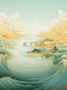 金色的中国建筑平静的水山景诗意9