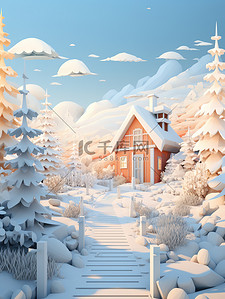 冬季风格插画图片_冬天积雪森林小房子剪纸风格3