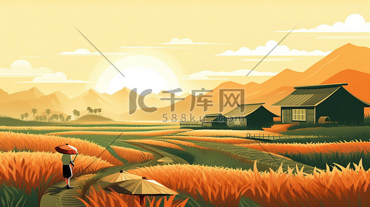 农业秋收插画图片_秋收稻田忙碌的农民16