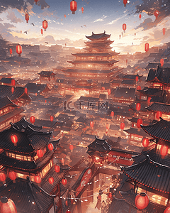 边关古城插画图片_中国国潮风新年灯会古城夜景插画