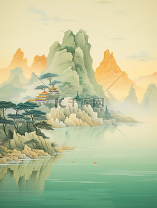 蓝色工笔画插画图片_金色的中国建筑平静的水山景诗意12