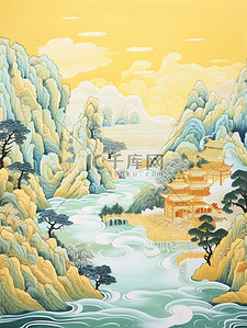 金色的中国建筑平静的水山景诗意15