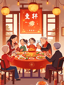 春节团圆手绘插画图片_春节除夕一家人团聚吃饭插画27