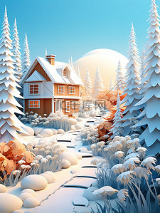冬天积雪森林小房子剪纸风格4