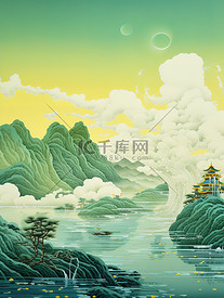 金色的中国建筑平静的水山景诗意1
