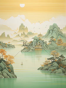 金色的中国建筑平静的水山景诗意11