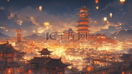 欧美庭院夜景插画图片_中国国潮风新年灯会古城夜景插画