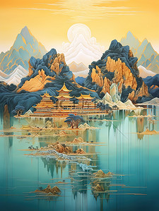 蓝色的数字6插画图片_金色的中国建筑平静的水山景诗意6