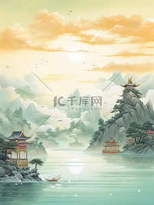 蓝色工笔画插画图片_金色的中国建筑平静的水山景诗意5