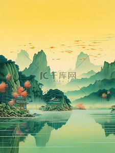 蓝色工笔画插画图片_金色的中国建筑平静的水山景诗意2